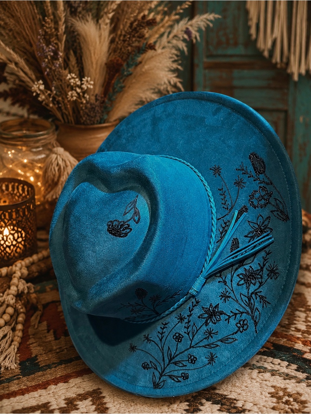 Teal Engraved Wide-Brim Vegan Suede Fedora